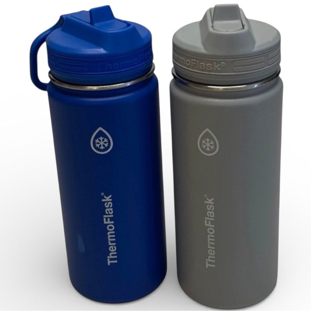 ThermoFlask Kids Insulated Water Bottle Set 16oz Blue Gray Leakproof